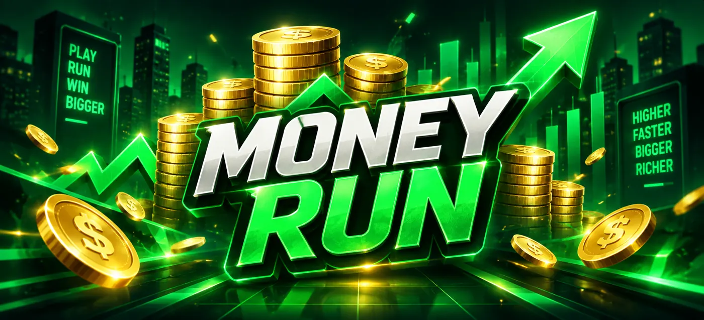 Money Run artwork with stacked gold coins, rising financial charts and a green growth arrow