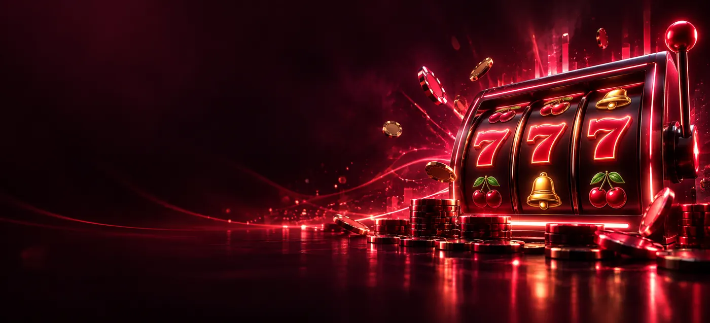 Reel Breaker artwork with a glowing red slot machine, triple sevens, cherries and arcade chips